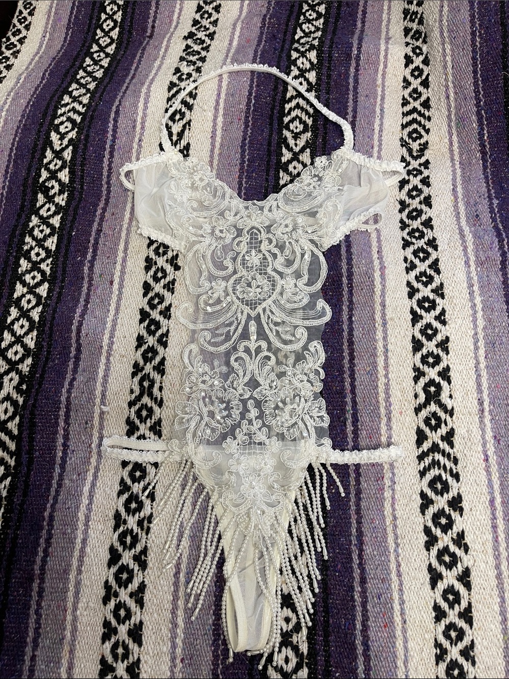 VINTAGE 80’S White Lace Beaded Sheer Bodysuit